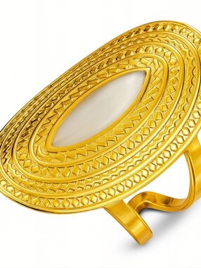 18k Gold Plated Oval Statement Ring with Cream Center - Women's Fashion Jewelry